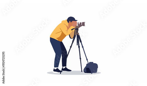 Professional Photographer Using Camera on Tripod Vector Illustration Isolated on White Background