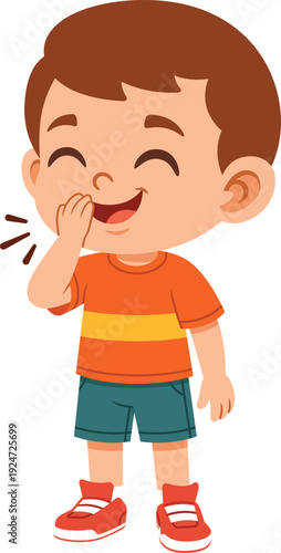 Flat cartoon boy giggling with hand covering mouth and smiling eyes. Ideal for emotion charts, kids education materials, posters, and sticker design.