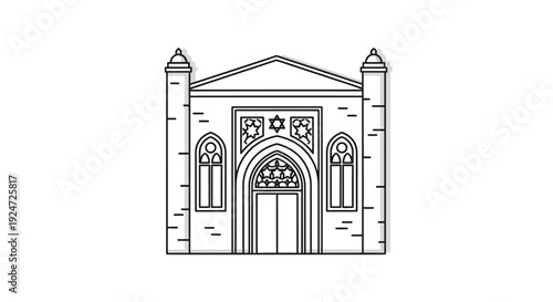 Synagogue building facade, Star of David, arched windows, minimalist line art