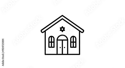 Synagogue Icon: Simple Line Art of a Jewish House of Worship with Star of David