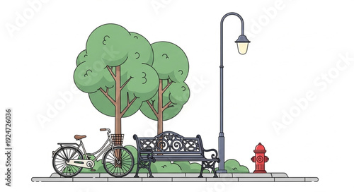 A serene park scene featuring a bicycle, bench, and lush trees under a lamppost.