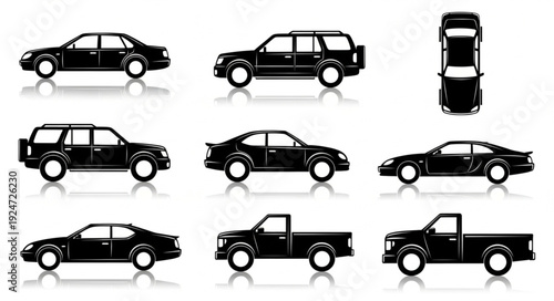 Collection of various black car silhouettes showcasing different vehicle types and designs.