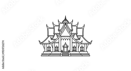 Thai Traditional Building Outline Icon, Asian Architecture, Temple Facade Vector Art