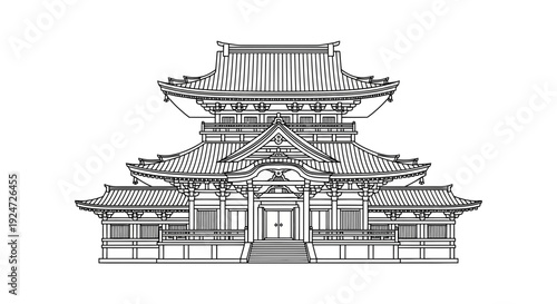Traditional Japanese Temple Architecture Drawing - Detailed Facade Illustration