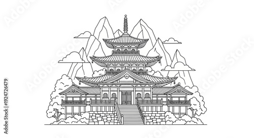 Traditional Japanese Pagoda Temple Architecture with Mountains and Clouds Outline Drawing