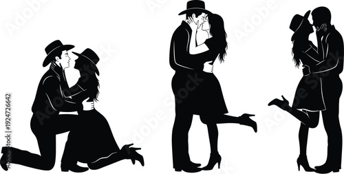 Black silhouette of romantic cowboy and cowgirl collection featuring western couple hugging and marriage proposal isolated on white background cad drawing flat vector illustration