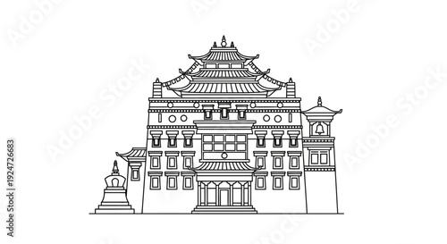 Traditional Tibetan Monastery Building Facade Line Drawing