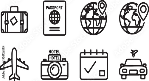 Icons representing various aspects of travel and tourism. Vector