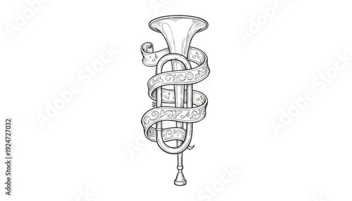 Vintage Bugle Horn with Decorative Ribbon Illustration