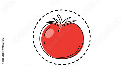 Vibrant Red Tomato Icon with Dashed Circle Outline on White Background