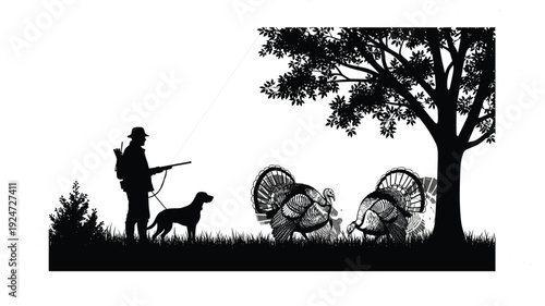Black silhouette of hunter with gun and dog hunting wild turkeys in field under tree isolated on white background cad drawing flat vector illustration
