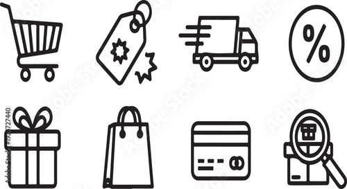 Icons representing various aspects of online shopping and delivery services Vector