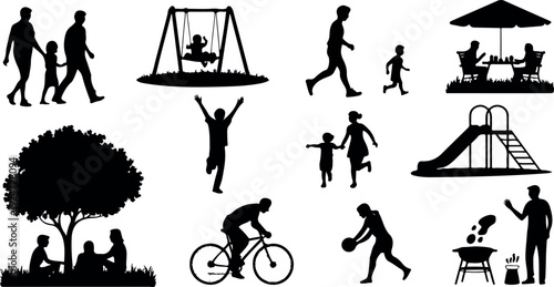 Family Outdoor Activity Silhouette Vector Set Picnic, Play, and Recreation Line Art Collection
