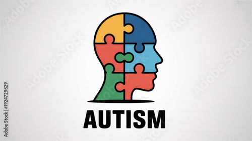 Autism awareness puzzle piece head illustration with colorful sections on white background