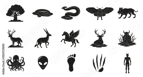 Collection of mythical creatures and symbols silhouette art.
