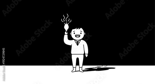 Cartoon boy holding a burning light bulb representing an idea.