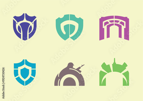 six unique shields and archway logos in various colors, armed forces day