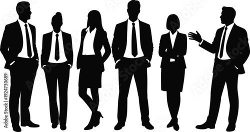 Business people silhouettes in formal suits standing together isolated on white background, corporate team vector illustration for leadership, teamwork and professional workplace concept