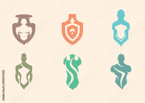 Six abstract humanoid shield logos in various colors and styles, armed forces day