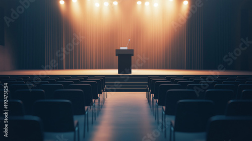 Empty conference stage with podium under spotlight lighting
