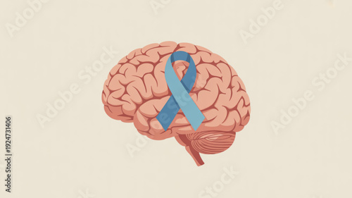 Brain with blue ribbon symbolizing mental health awareness and support on beige background