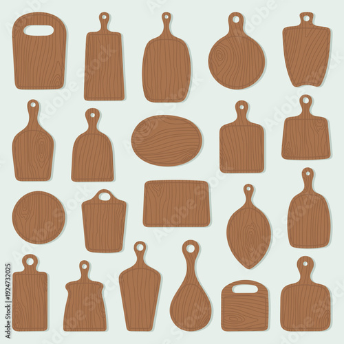 Flat vector collection of wooden cutting board in various shape on trendy sage background. Modern kitchen utensil set for cooking, menu design, food branding and culinary template.