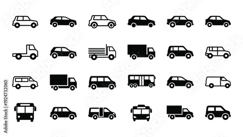 A collection of black and white vehicle icons isolated on white background, Vector