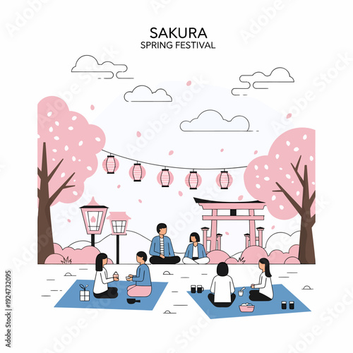 People enjoying a traditional Japanese sakura spring festival picnic under cherry blossom trees with lanterns and a torii gate.