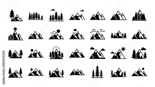 A collection of 30 black and white silhouette icons depicting various mountain scenes isolated on white background, Vector