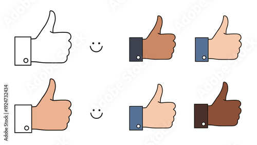 Collection of six thumbs up icons representing agreement or approval in various skin tones from light to dark on a white background.