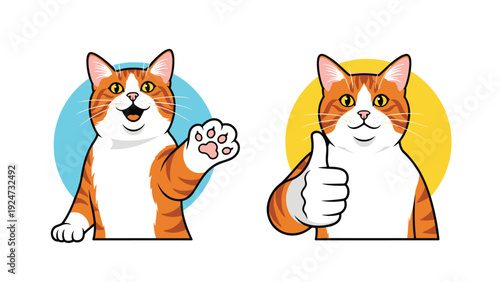 Happy ginger cat characters where one is waving its paw in a friendly greeting and the other is giving a positive thumbs up gesture.