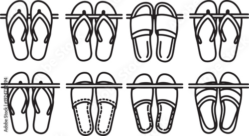 A variety of sandals displayed in a row with different strap designs and styles. Vector