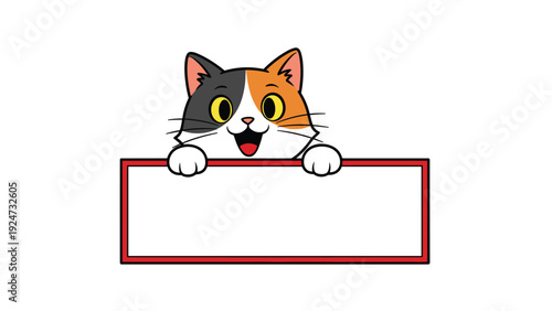 Cheerful cartoon calico cat peeking over a blank horizontal frame with a red border looking happy on a white background.