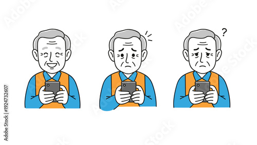 Set of three illustrations of an elderly man using a smartphone with different facial expressions happy worried and confused.