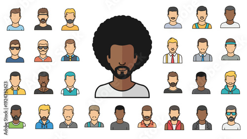 Large collection of diverse male avatar icons surrounding one central larger avatar with a dark afro hairstyle on white.