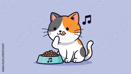 Cute cartoon calico cat licking its paw after eating from a bowl with a music note icon representing happiness and satisfaction.