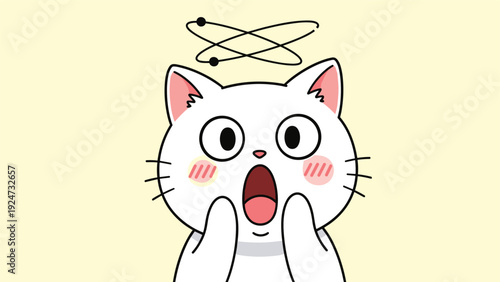 Funny cartoon white cat looking extremely dizzy or confused with stars and orbits spinning around its head on yellow background.
