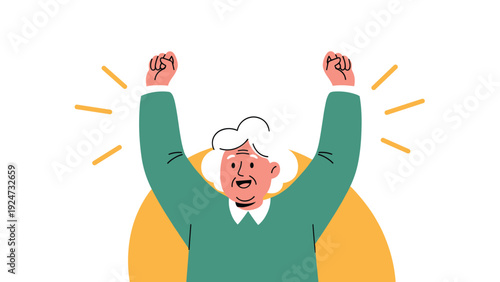 Joyful illustration of an elderly woman raising both her fists in a gesture of victory and celebration against a circle.