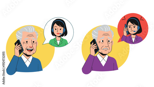 Elderly man experiencing both positive and negative customer support phone calls shown through different speech bubble expressions.