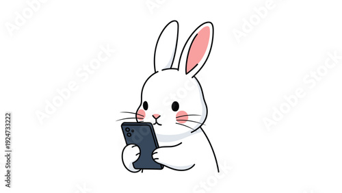 Adorable white rabbit character looking intently at a smartphone screen with soft pink cheeks in a cartoon style.