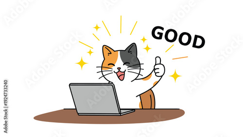 Cheerful calico cat character giving a enthusiastic thumbs up while working on a laptop with the word good and golden sparkles.