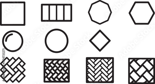A collection of various geometric shapes and patterns in a single row Vector