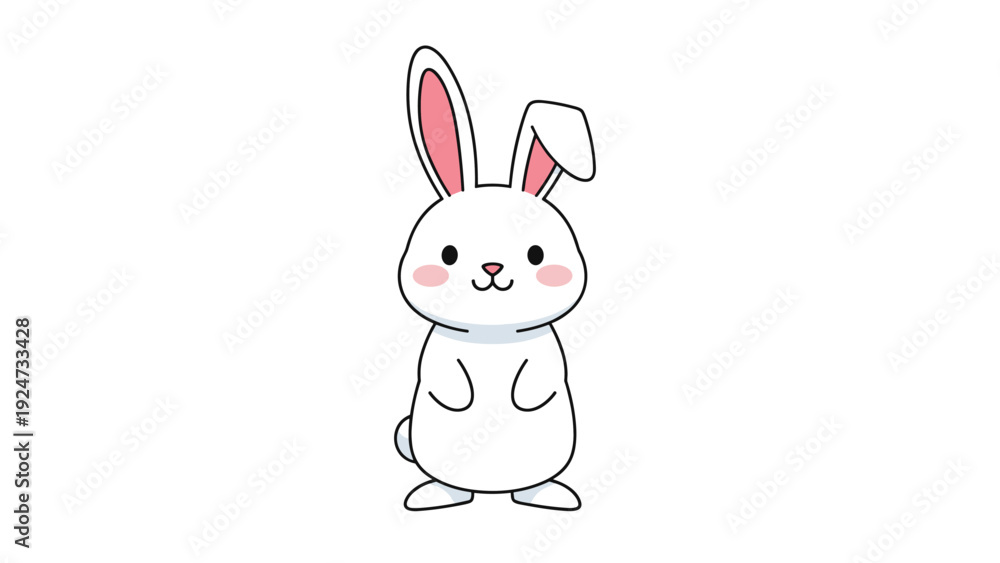 Fototapeta premium Simple and cute white rabbit character standing upright on its hind legs with a friendly smile and rosy pink cheeks.