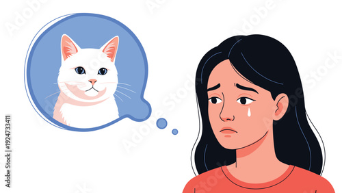 Sad young woman crying and thinking about her beloved white cat shown in a thought bubble signifying pet loss.