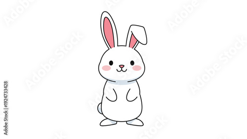 Simple and cute white rabbit character standing upright on its hind legs with a friendly smile and rosy pink cheeks.