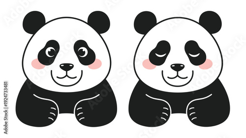 Pair of adorable panda bear characters showing happy expressions with both eyes open and closed with soft pink cheeks.