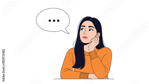 Thoughtful young woman holding a pen and looking up with a speech bubble indicating she is in the middle of a thought.