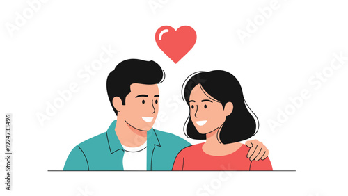 Happy young couple looking at each other with love and affection shown by a vibrant red heart floating between them.