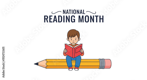 Illustration of a child sitting on a giant pencil reading a book during National Reading Month against a clean white background.