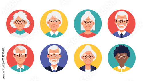 Diverse collection of senior citizen avatars featuring elderly men and women with different styles, glasses, and hair colors in circles.